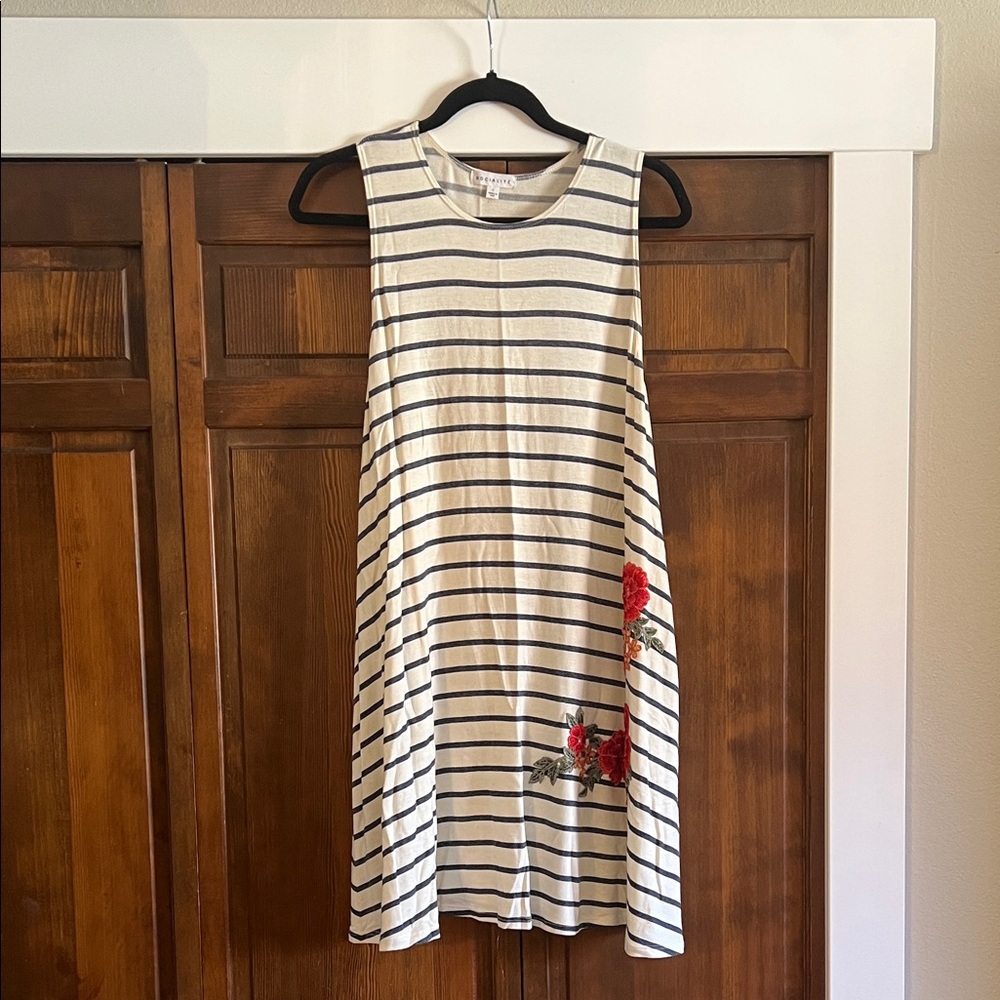 Socialite Cream and Navy Striped Sleeveless Dress with Red Floral Appliqué
